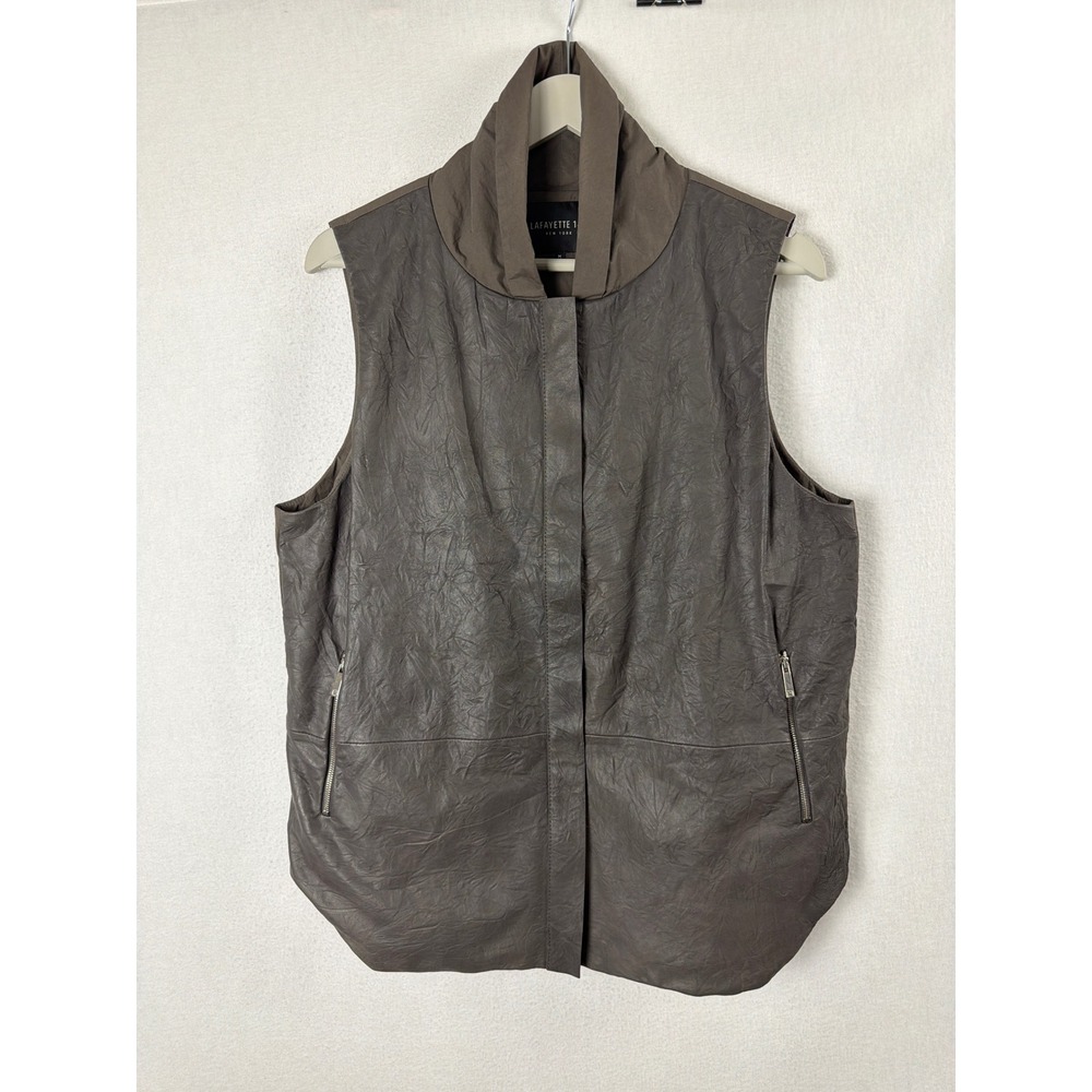 Lafayette 148 New York Women Brown Crinkled Leather Mixed Media Vest Size M